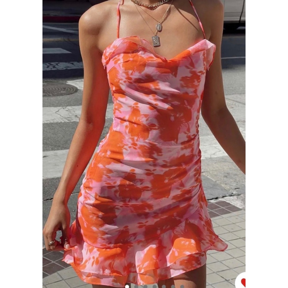 Princess Polly Yara Mini Dress Pink Orange Floral Halter Cowl Neck Ruched Size 2
